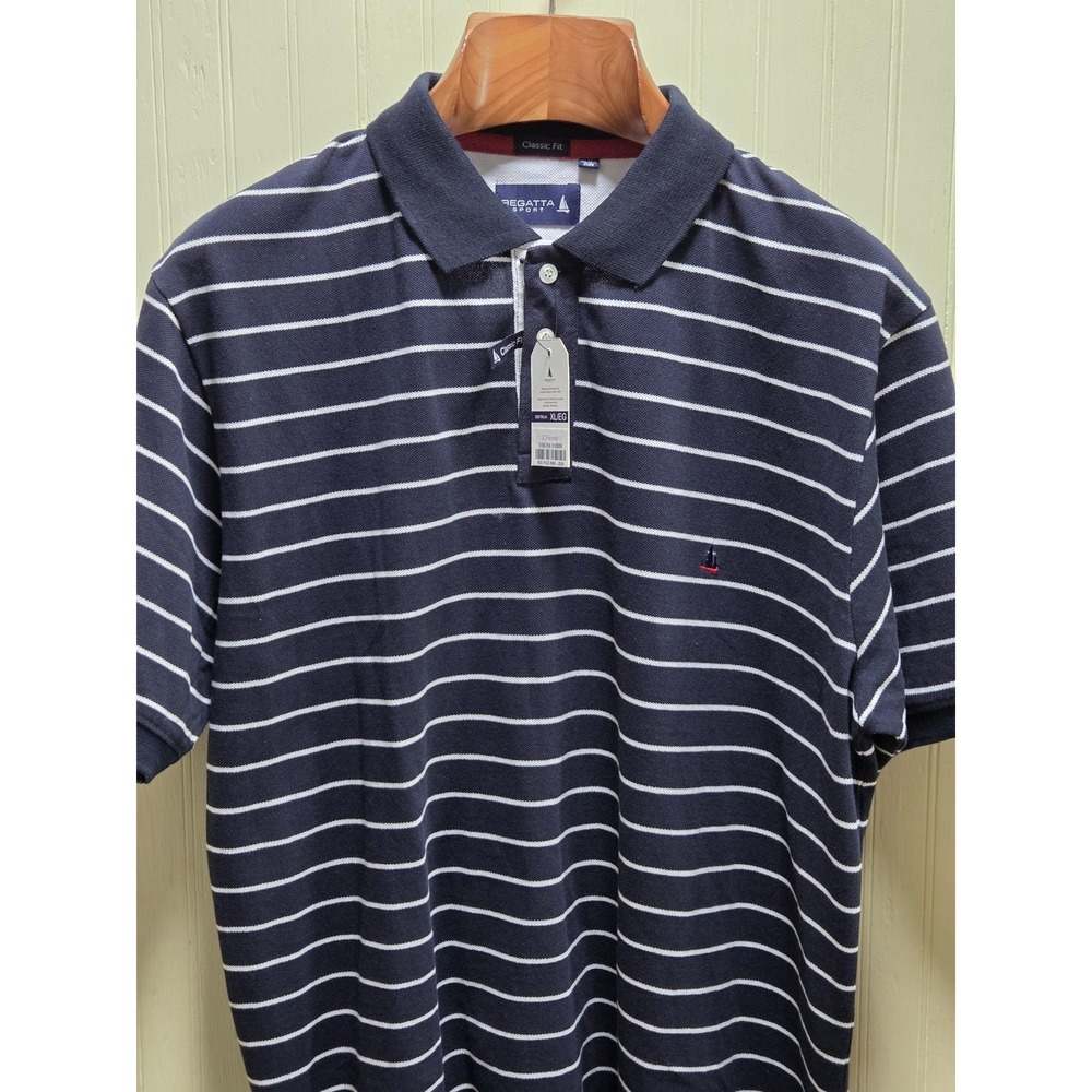 Regatta Sport Polo Shirt Mens XL Blue‎ Stripe Classic Fit Nautical Sailboat Logo